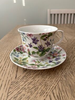 Kent Pottery Floral Bone China Teacup and Saucer - Purple & Green Floral Pattern